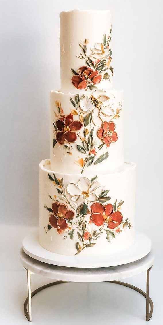50 Beautiful Wedding Cakes in 2022 : Autumn Flower Painted Cake