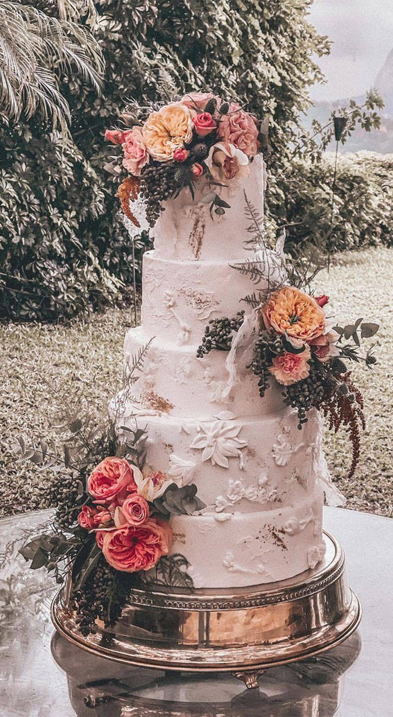 50 Beautiful Wedding Cakes in 2022 : Five Tier White Cake with Colourful Blooms