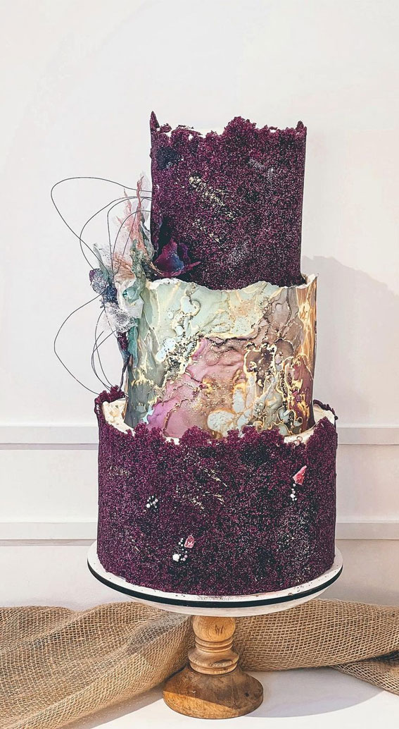 50 Beautiful Wedding Cakes in 2022 : Textured Purple and Marble Cake