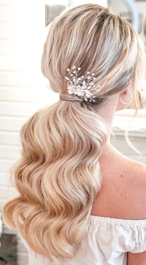 59 Gorgeous Wedding Hairstyles in 2022 : Blonde Glamorous Ponytail