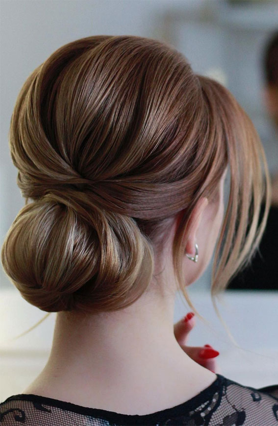 59 Gorgeous Wedding Hairstyles in 2022 : Brunette Wrapped Low Bun