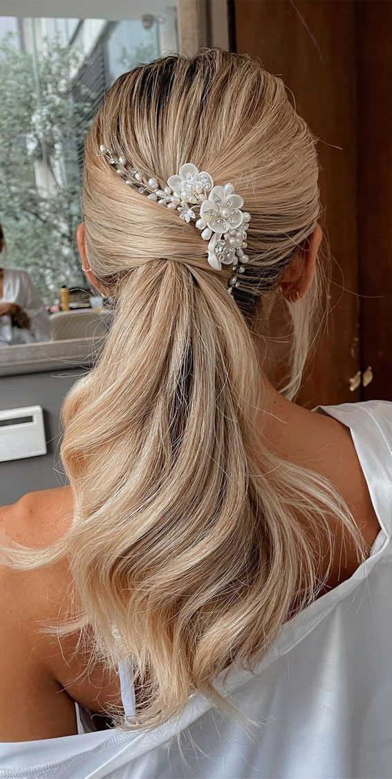 59 Gorgeous Wedding Hairstyles in 2022 : Glam Pony + White Hairpiece