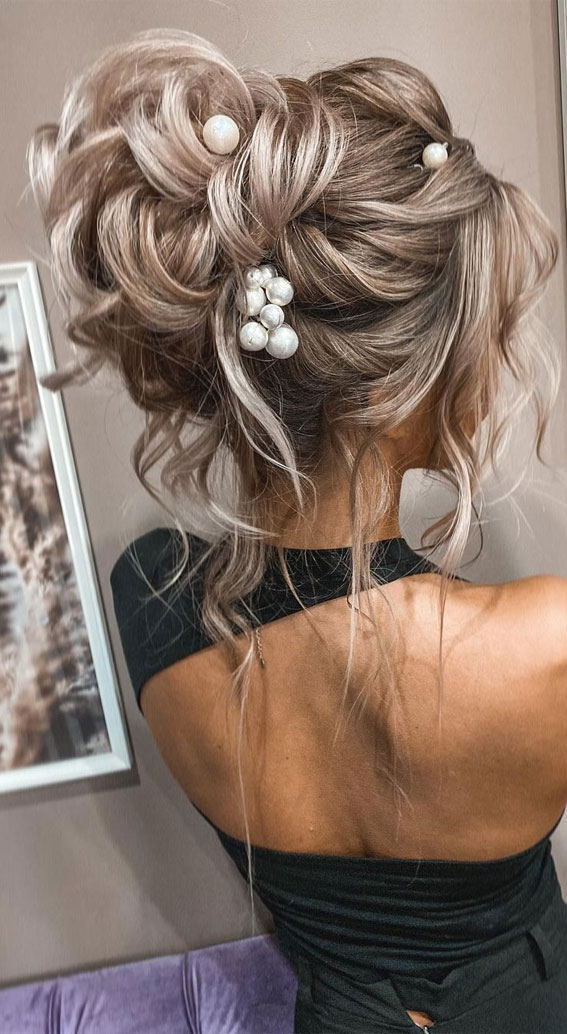 59 Gorgeous Wedding Hairstyles in 2022 : Messy Updo with Pearls