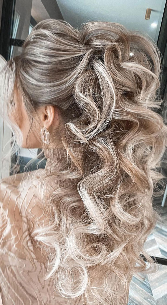 59 Gorgeous Wedding Hairstyles in 2022 : Curly Half Up Half Down Hairstyle