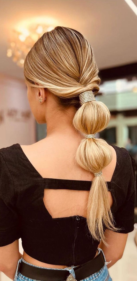 59 Gorgeous Wedding Hairstyles in 2022 : Glam Low Bubble Braid Pony