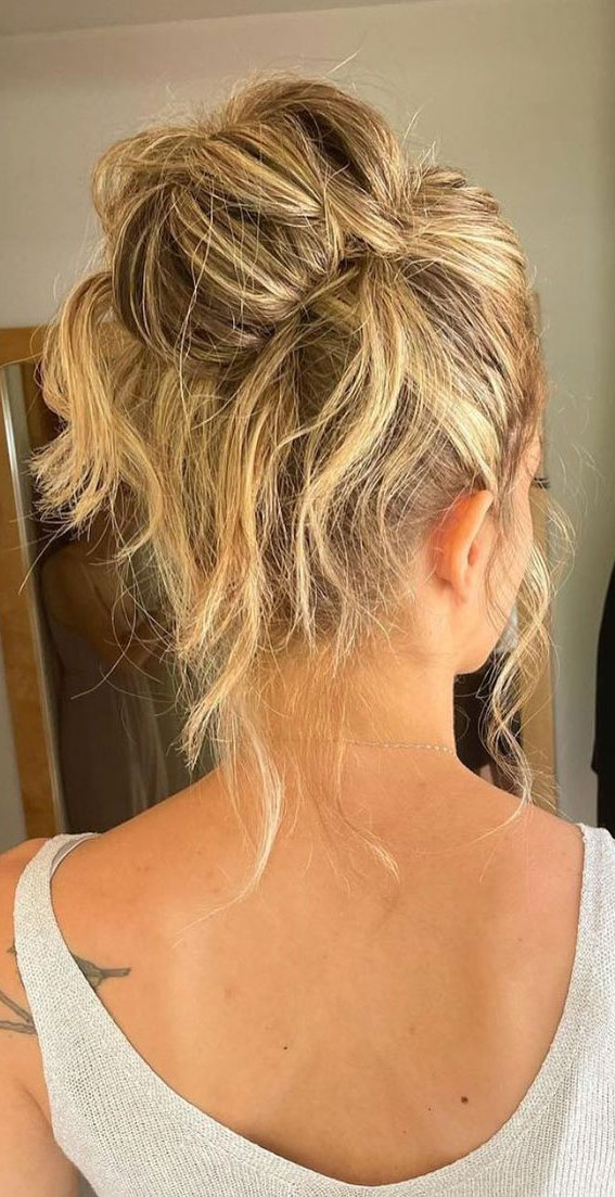 59 Gorgeous Wedding Hairstyles in 2022 : Messy Top Knot