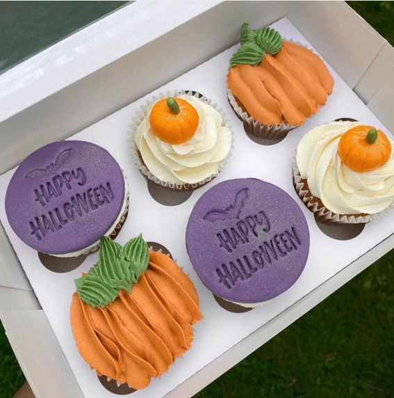 40+ Halloween Cupcake Ideas : Pumpkin Color + Purple Buttercream