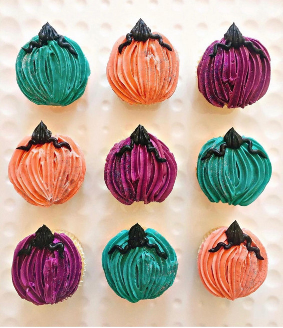 40+ Halloween Cupcake Ideas : Jewel-Toned Pumpkin Cupcakes