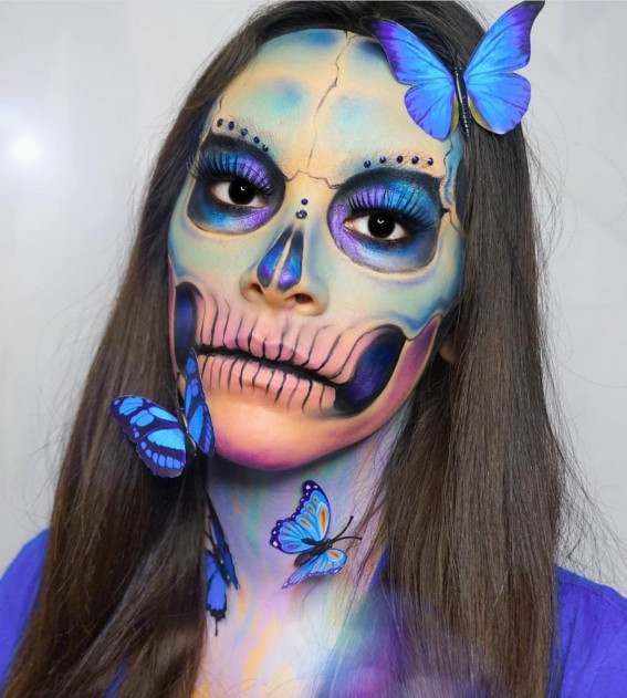 40+ Spooky Halloween Makeup Ideas : Blue Skull with Butterfly