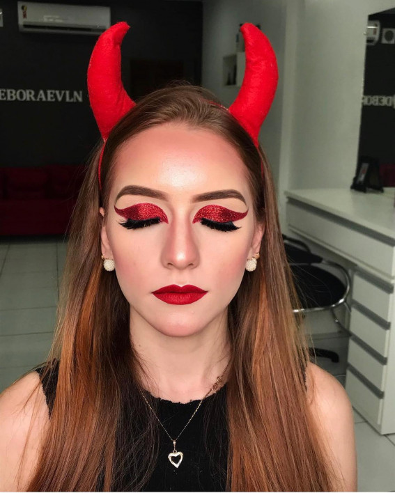 40+ Spooky Halloween Makeup Ideas : Glitter Red Devil Makeup