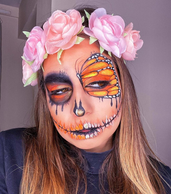 40+ Spooky Halloween Makeup Ideas : Orange Butterfly Skull Makeup