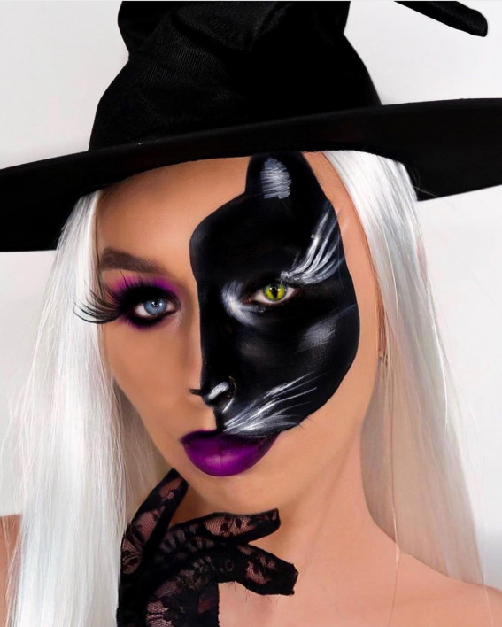 40+ Spooky Halloween Makeup Ideas : Black Cat + Purple Lips
