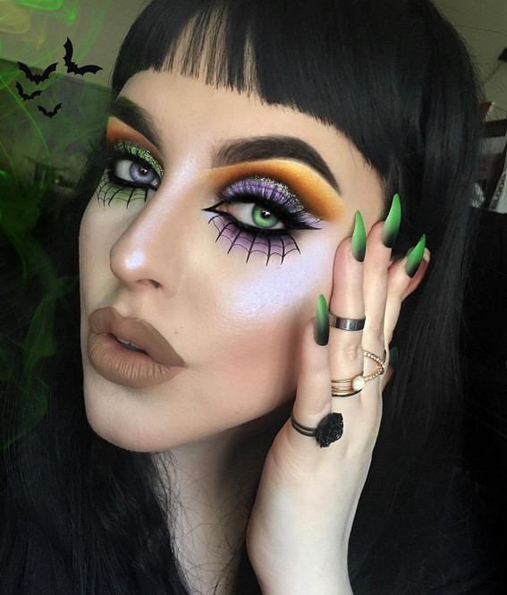 40+ Spooky Halloween Makeup Ideas : Green and Purple Spider Web Makeup