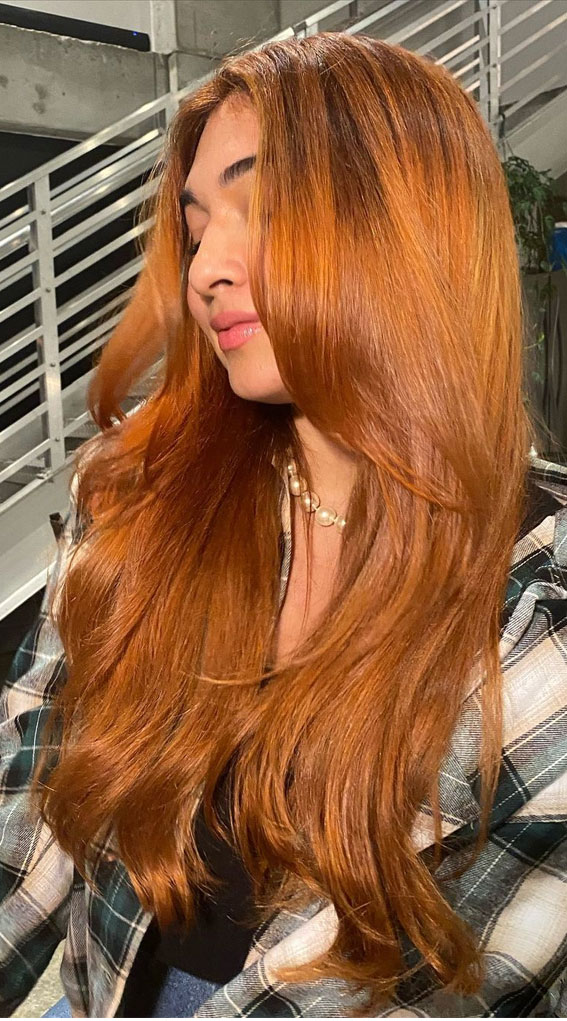 40 Copper Hair Color Ideas That’re Perfect for Fall : Copper Orange + Long Curtain Bangs