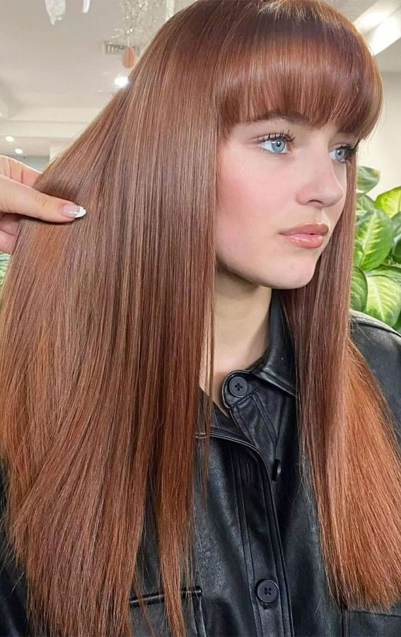 40 Copper Hair Color Ideas That're Perfect for Fall : Brown Copper Long Hair  with Fringe
