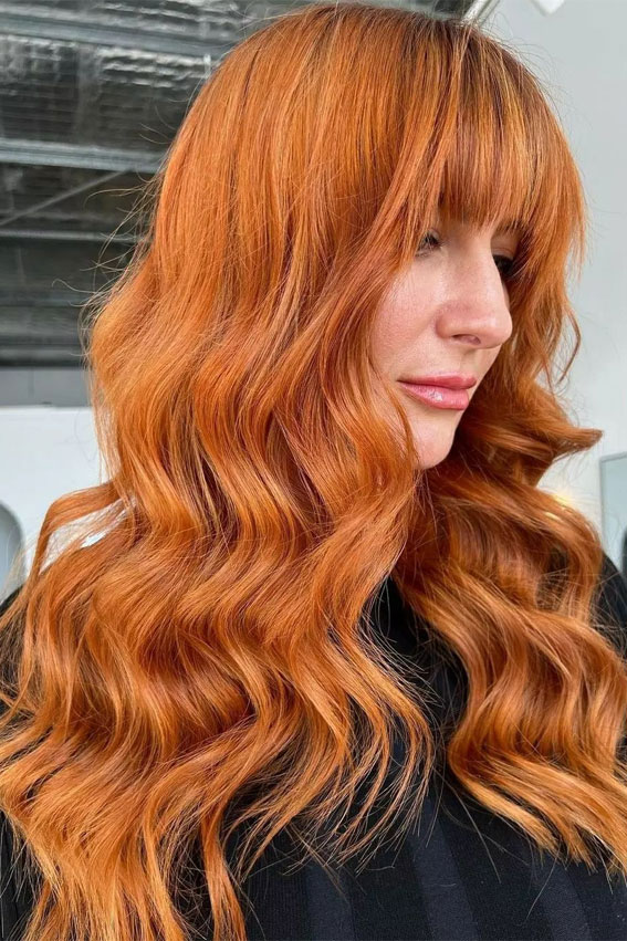 40 Copper Hair Color Ideas That’re Perfect for Fall : Bright Copper with Fringe