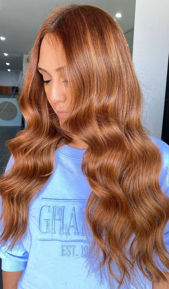 40 Copper Hair Color Ideas That’re Perfect for Fall : Copper Brown Long Loose Waves