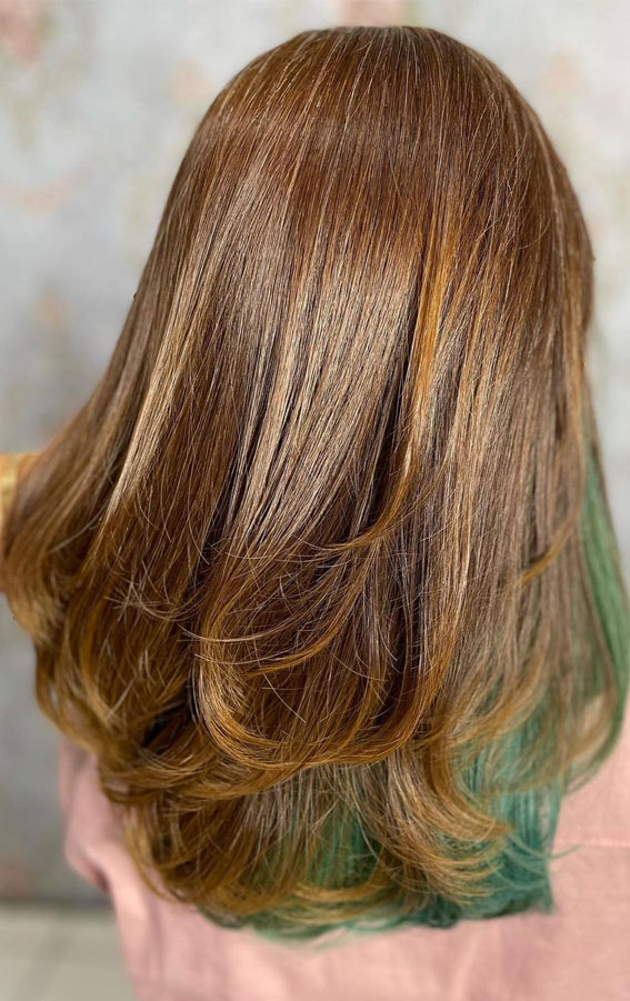 49 Best Shades of Brown Hair Colour Ideas : Brown and Green Medium Length