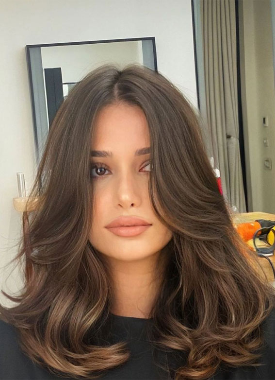 50 Fabulous Fall Hair Color Ideas For Autumn 2022 : Brunette with Muted Caramel Highlights