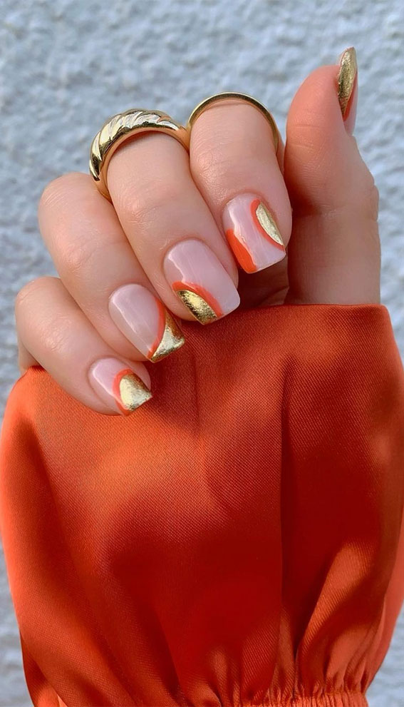 50 Gorgeous Fall Nails That’re Perfect For Thanksgiving : Orange and Gold Abstract Natural Nails