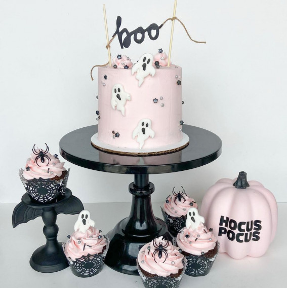pink halloween cake, pink halloween cupcakes