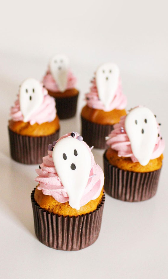 40+ Halloween Cupcake Ideas : Pink Buttercream Spooky Ghost Cupcake Toppers