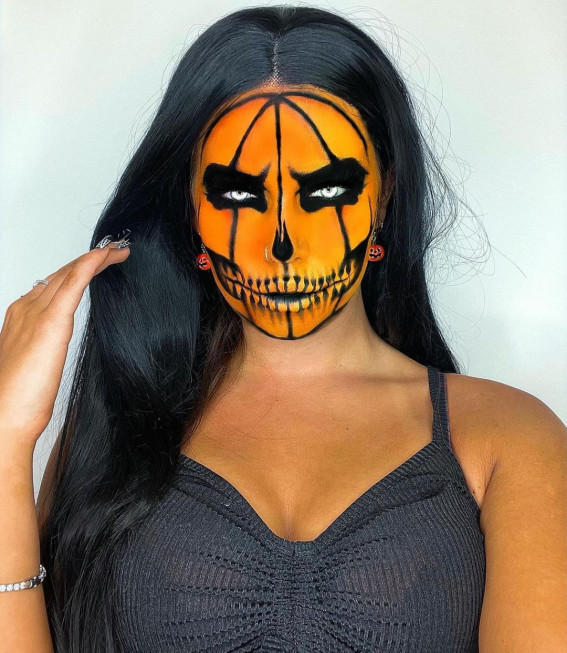 40+ Spooky Halloween Makeup Ideas : Pumpkin Skull Makeup Look