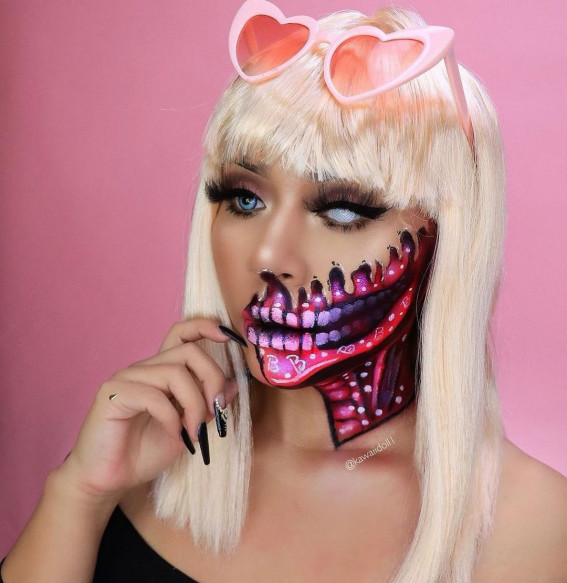 40+ Spooky Halloween Makeup Ideas : Pink Half Skull Face