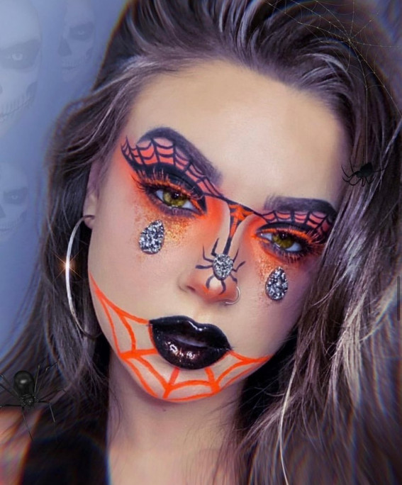 40+ Spooky Halloween Makeup Ideas : Orange Glam Spider Web Makeup