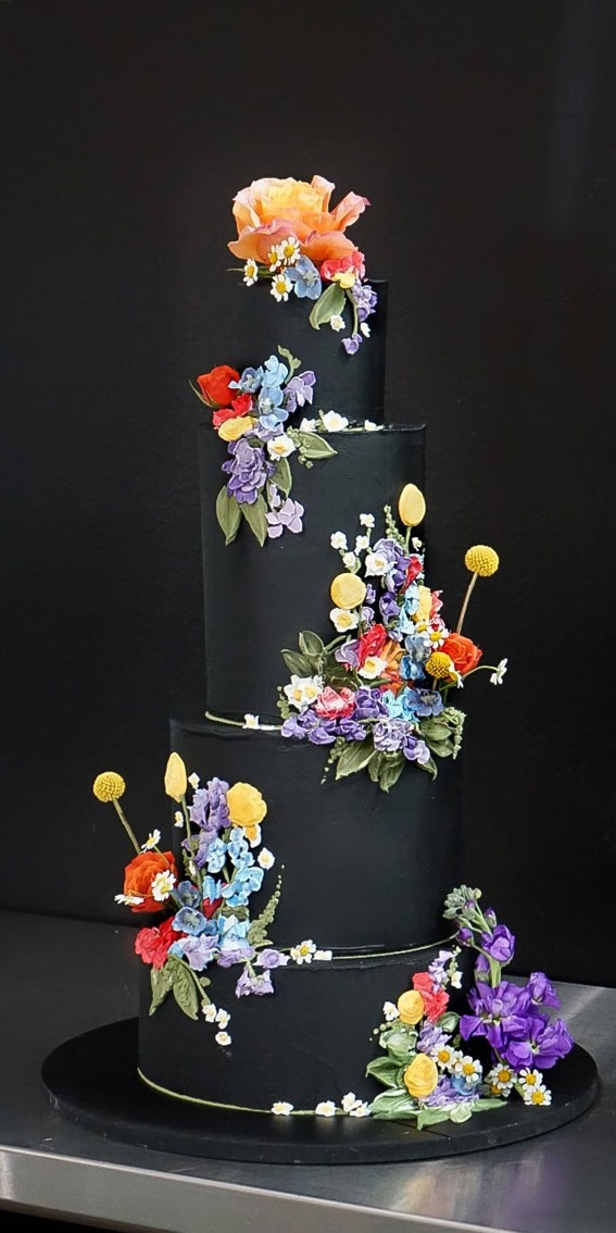 40+ stylish Dark & Moody Wedding Cakes : Black 4 Tiers with Colourful Flowers