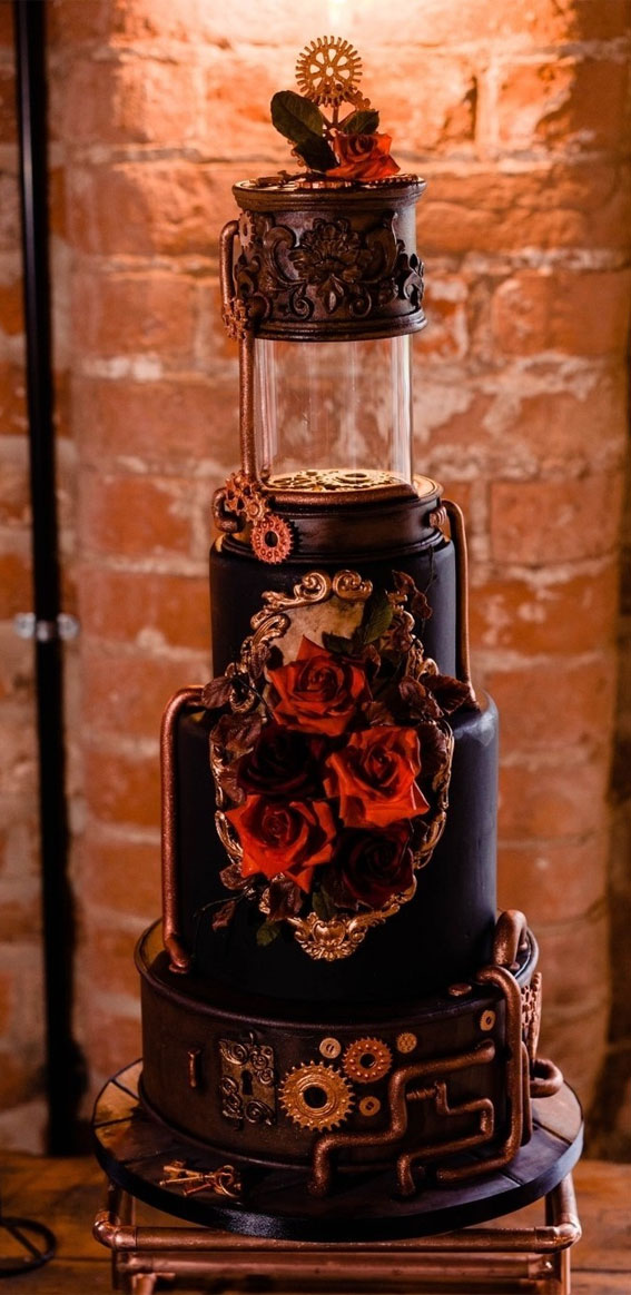 40+ stylish Dark & Moody Wedding Cakes : Black Steampunk Cake