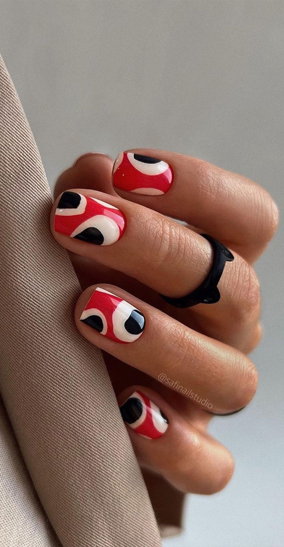70 Stylish Nail Art Ideas To Try Now : Black, Red and White Abstract Short  Nails