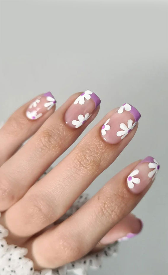 70 Stylish Nail Art Ideas To Try Now : Lilac French Tip White Flower Nails