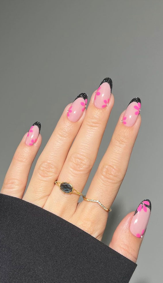 70 Stylish Nail Art Ideas To Try Now : Flower + Black Glittery French Tip Nails