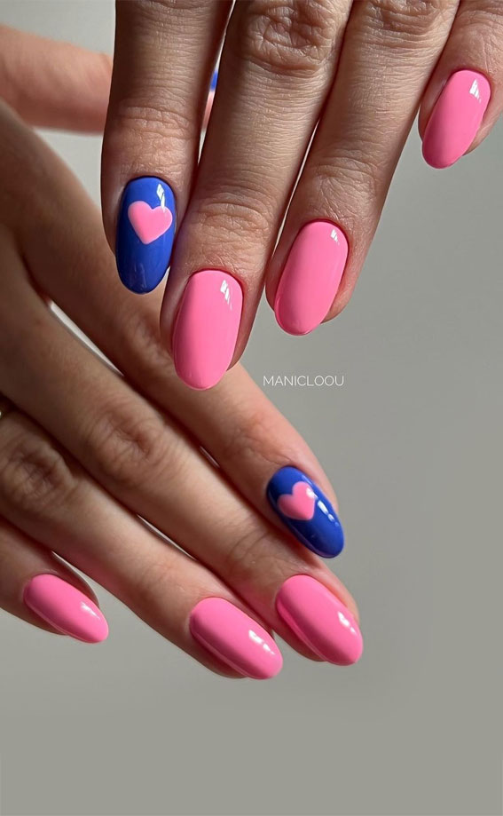 70 Stylish Nail Art Ideas To Try Now : Pink Heart Blue & Pink Nails