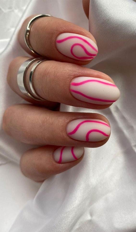 pink swirl white nails, summer nail ideas, matte nails, summer nails, trendy nails, french tip nails