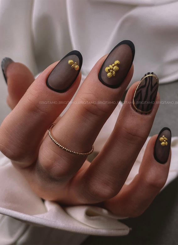 black sheer nails, zebra black sheer nails, modern nails, nail ideas, matte nails, summer nails, trendy nails, french tip nails