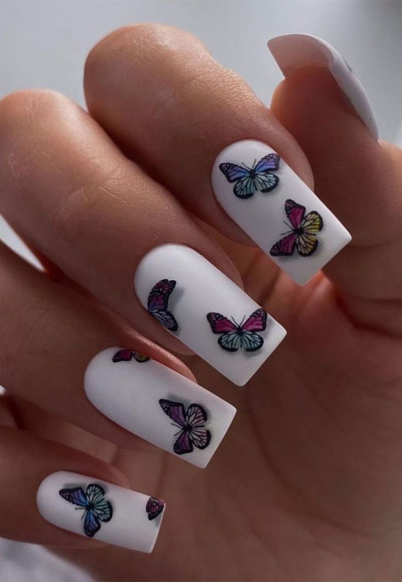 70 Stylish Nail Art Ideas To Try Now : Colourful 3D Butterfly White Nails