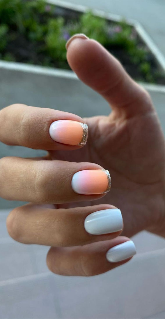 70 Stylish Nail Art Ideas To Try Now : Gold Glitter French Tip Orange Ombre Nails