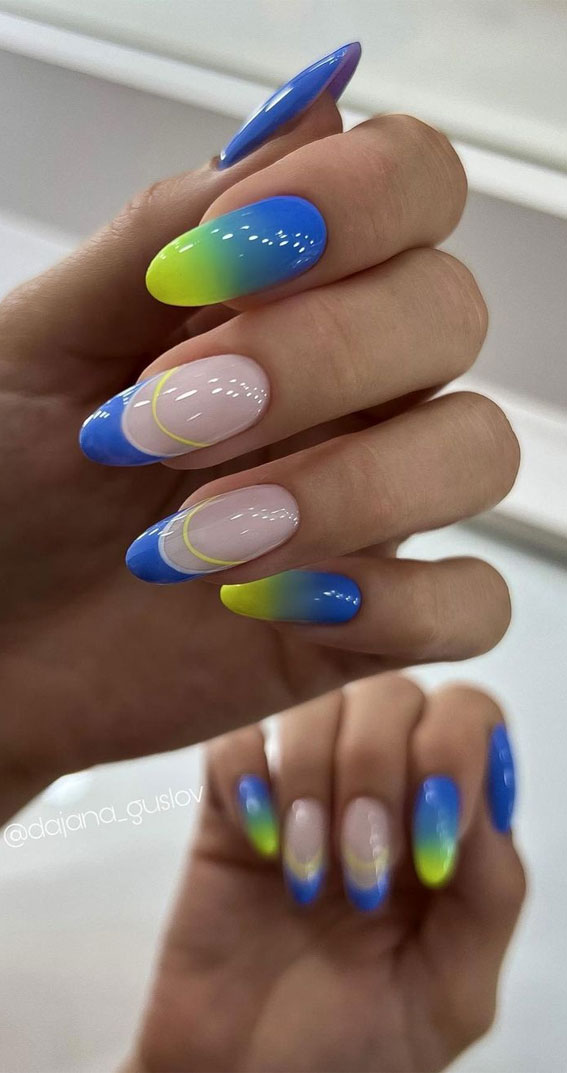 ombre blue green french tip nails, orange blue green nails, summer nail ideas, double french tip nails, summer nails, trendy nails