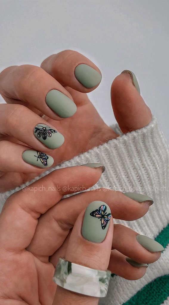 70 Stylish Nail Art Ideas To Try Now : Bee & Butterfly Sage Green Nails