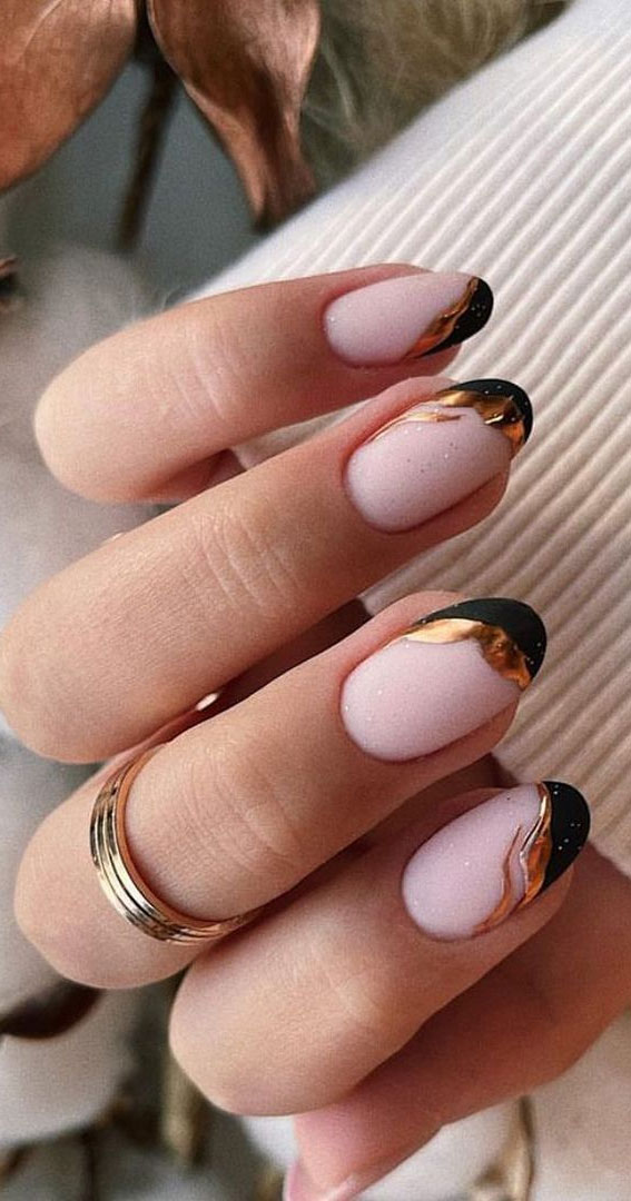 abstract black and gold tip nails, summer nail ideas, matte nails, summer nails, trendy nails, french tip nails
