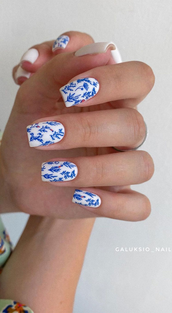 70 Stylish Nail Art Ideas To Try Now : Blue Floral White Nails