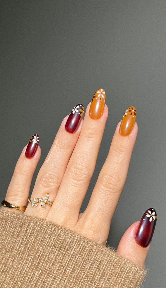50 Gorgeous Fall Nails That’re Perfect For Thanksgiving : Mustard + Wine Nails with Flower Tips