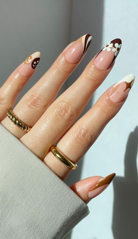50 Gorgeous Fall Nails That’re Perfect For Thanksgiving : Brown Smile + Flower Nails