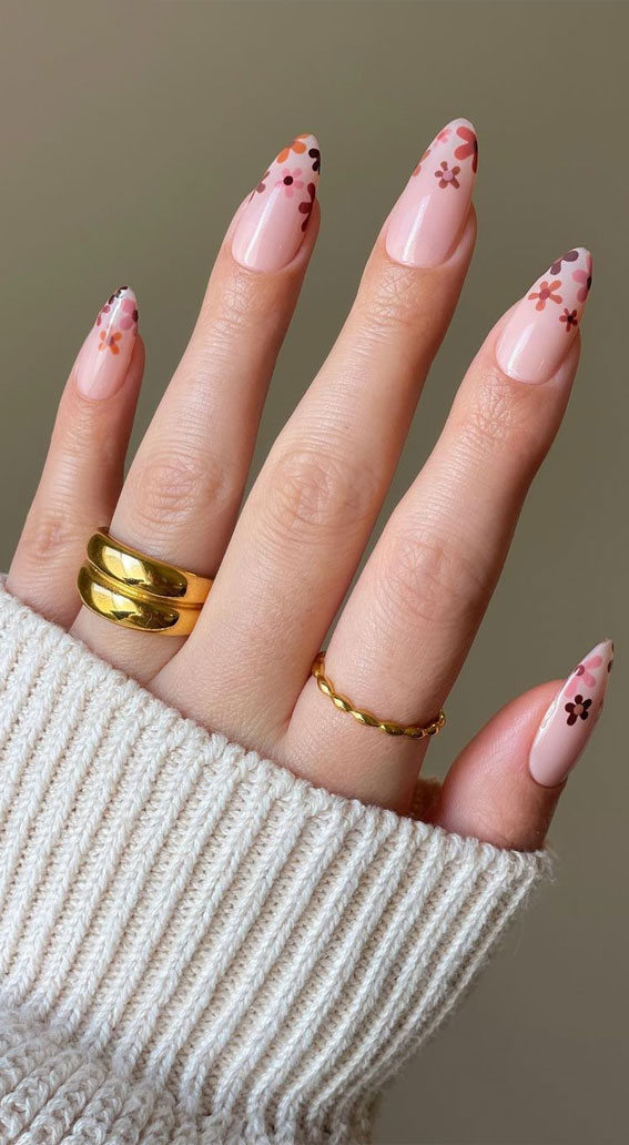 50 Gorgeous Fall Nails That’re Perfect For Thanksgiving : Fall Coloured Flower Tip Nails
