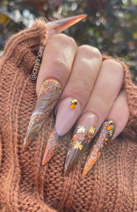 50 Gorgeous Fall Nails That’re Perfect For Thanksgiving : Leave Encapsulated Stiletto Nails