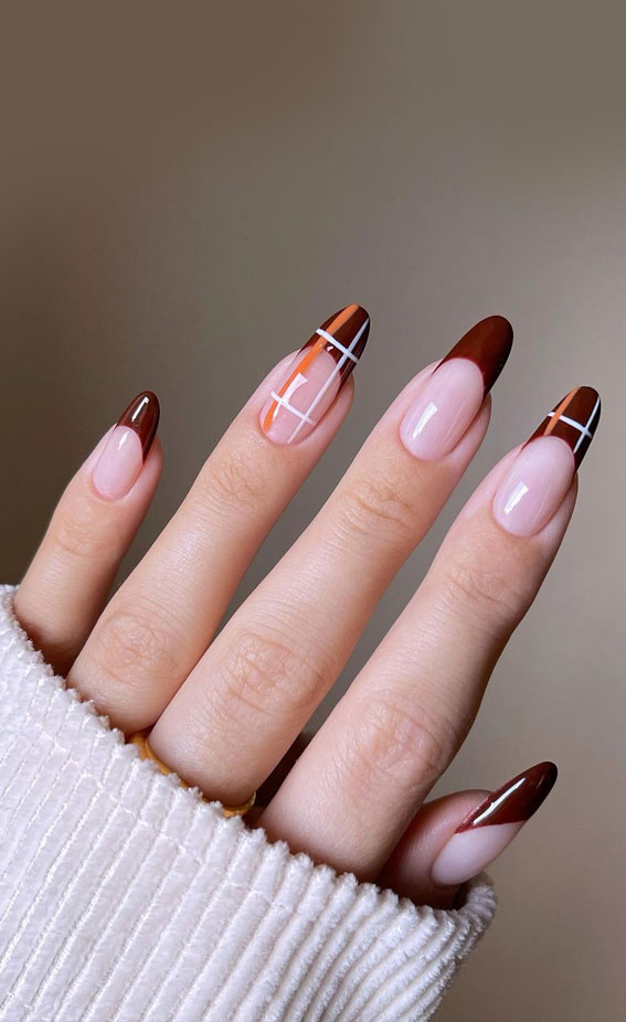 50 Gorgeous Fall Nails That’re Perfect For Thanksgiving : French Tip Nails with White Plaid Accents