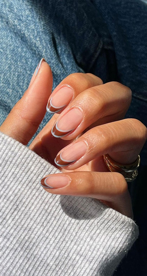 50 Gorgeous Fall Nails That’re Perfect For Thanksgiving : Brown and Blue Double French Nails