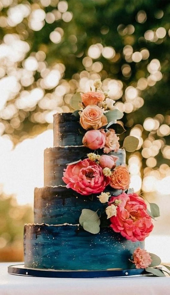 40+ stylish Dark & Moody Wedding Cakes : Dark Blue 4 Tiers with Cascading Flowers